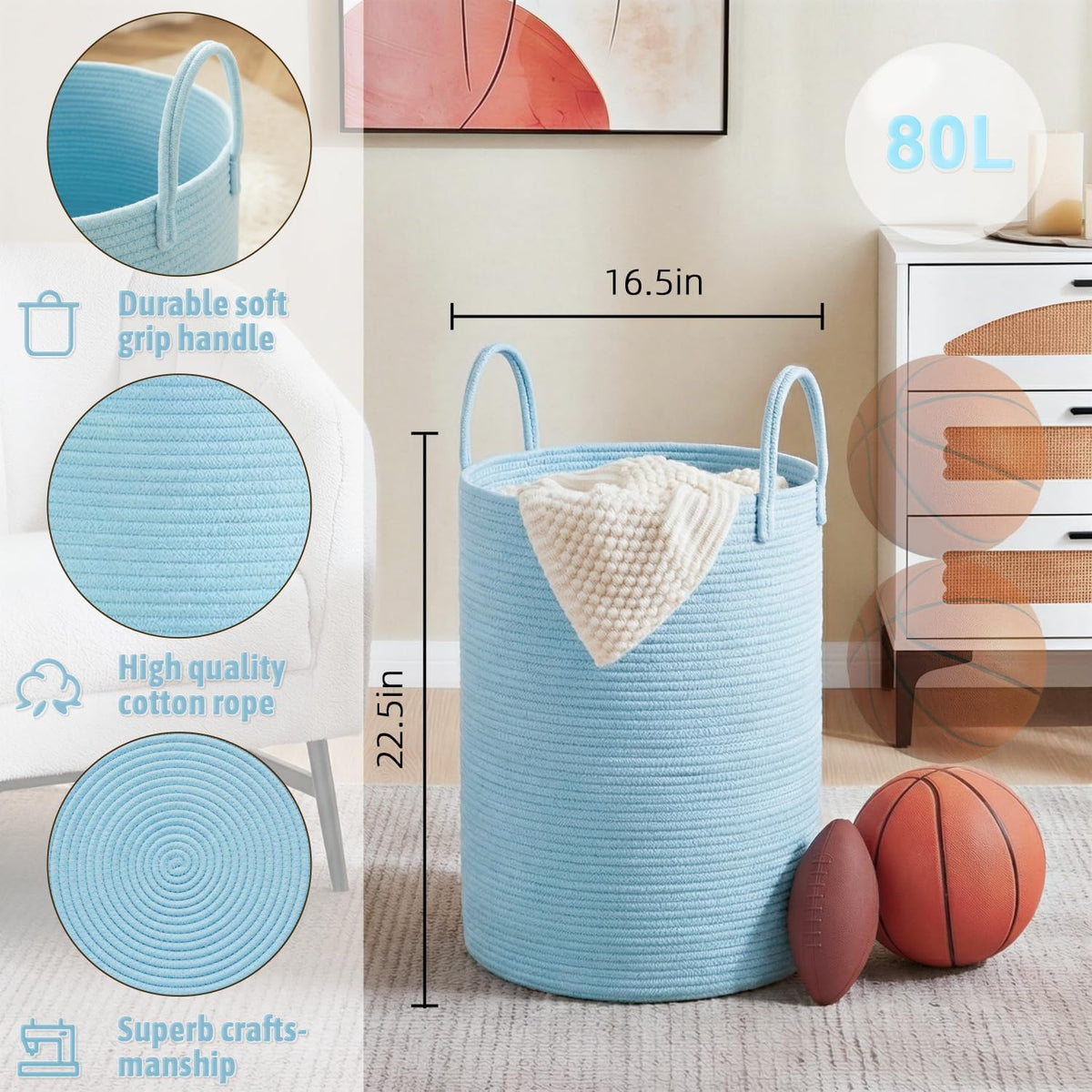 Laundry Basket,Woven Cotton Rope Laundry Hamper,80L for Decorative Storage of Dirty Clothes,Toys and Blankets in Bathroom,Bedroom and Living Room