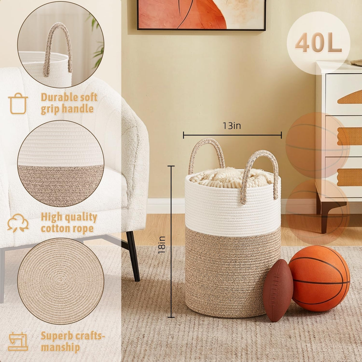 Laundry Basket,Woven Cotton Rope Laundry Hamper,80L for Decorative Storage of Dirty Clothes,Toys and Blankets in Bathroom,Bedroom and Living Room
