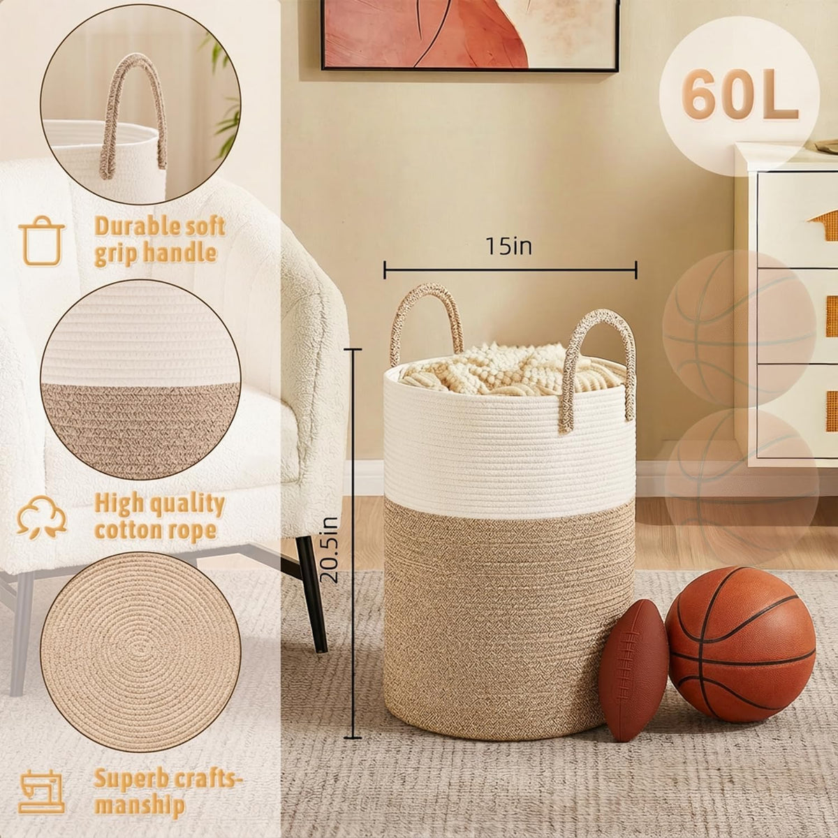 Laundry Basket,Woven Cotton Rope Laundry Hamper,80L for Decorative Storage of Dirty Clothes,Toys and Blankets in Bathroom,Bedroom and Living Room