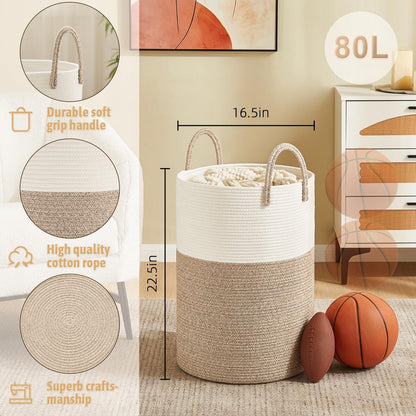 Laundry Basket,Woven Cotton Rope Laundry Hamper,80L for Decorative Storage of Dirty Clothes,Toys and Blankets in Bathroom,Bedroom and Living Room