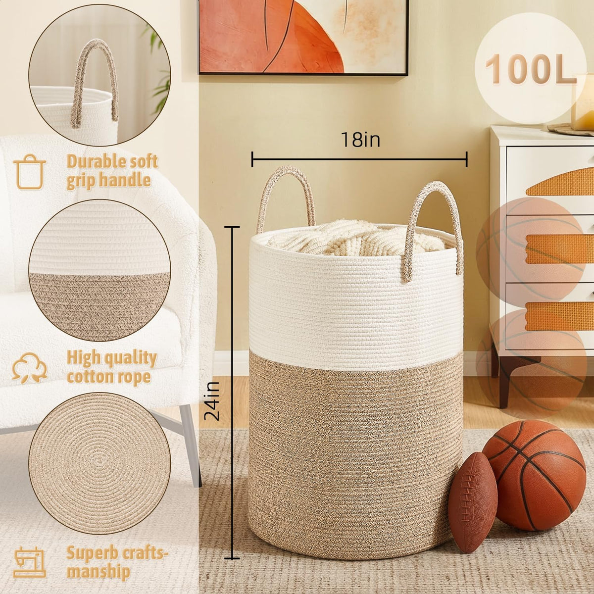 Laundry Basket,Woven Cotton Rope Laundry Hamper,80L for Decorative Storage of Dirty Clothes,Toys and Blankets in Bathroom,Bedroom and Living Room