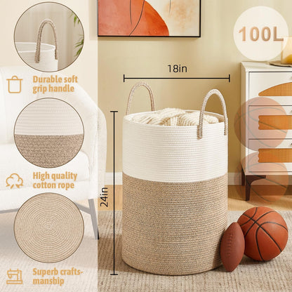 Laundry Basket,Woven Cotton Rope Laundry Hamper,80L for Decorative Storage of Dirty Clothes,Toys and Blankets in Bathroom,Bedroom and Living Room