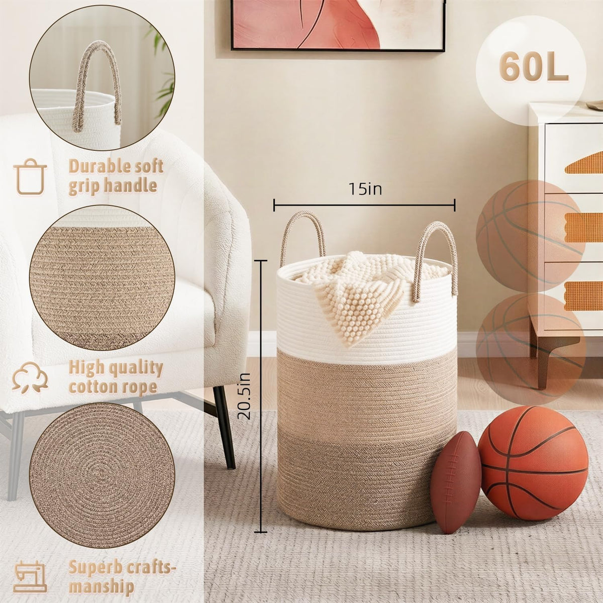 Laundry Basket,Woven Cotton Rope Laundry Hamper,80L for Decorative Storage of Dirty Clothes,Toys and Blankets in Bathroom,Bedroom and Living Room