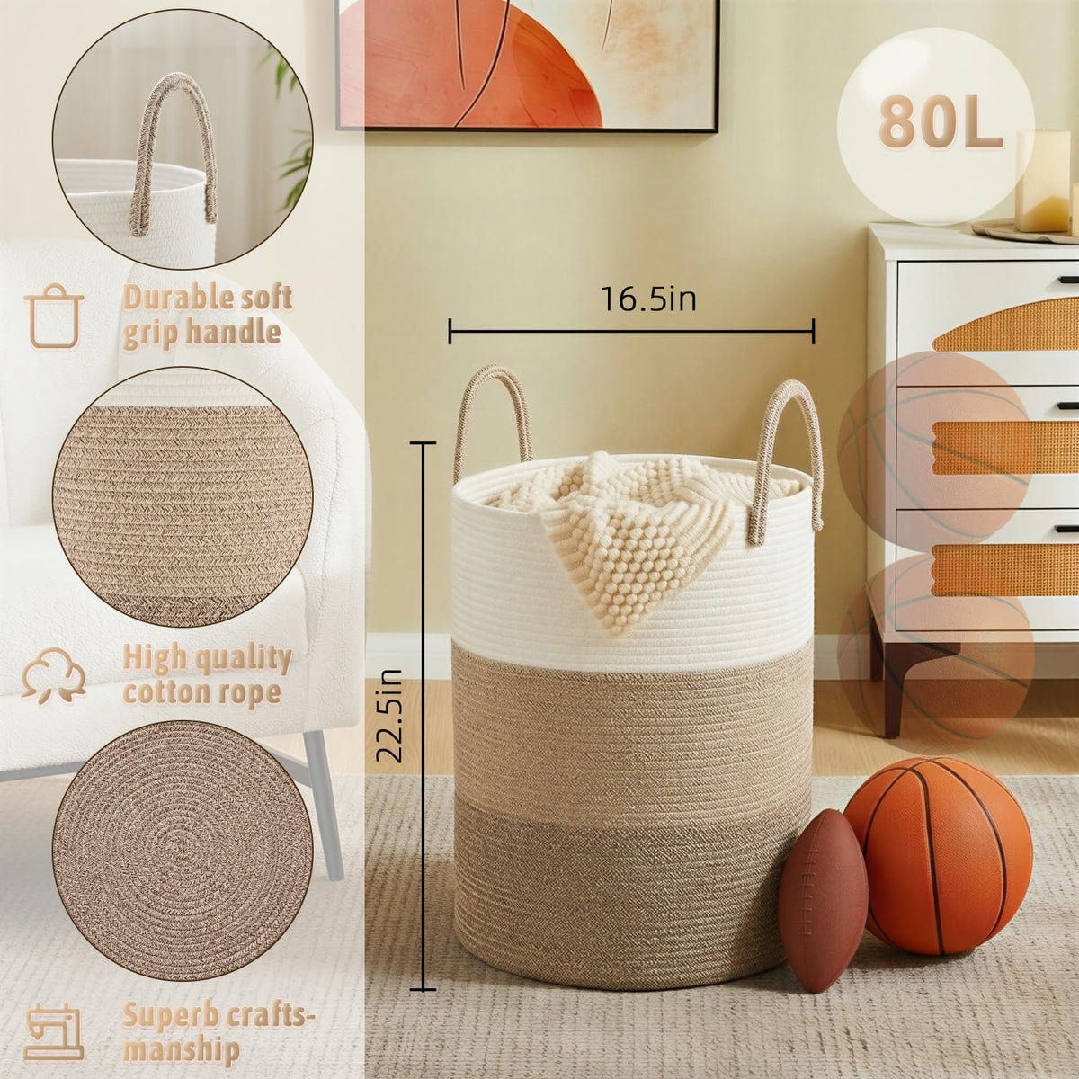 Laundry Basket,Woven Cotton Rope Laundry Hamper,80L for Decorative Storage of Dirty Clothes,Toys and Blankets in Bathroom,Bedroom and Living Room