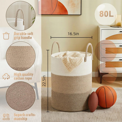 Laundry Basket,Woven Cotton Rope Laundry Hamper,80L for Decorative Storage of Dirty Clothes,Toys and Blankets in Bathroom,Bedroom and Living Room