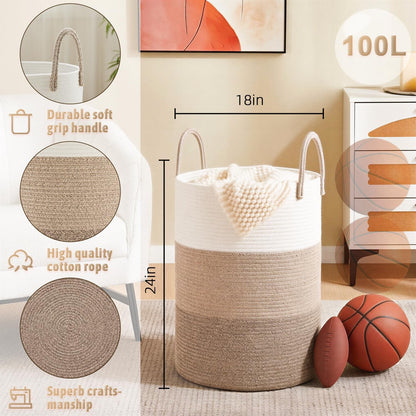 Laundry Basket,Woven Cotton Rope Laundry Hamper,80L for Decorative Storage of Dirty Clothes,Toys and Blankets in Bathroom,Bedroom and Living Room