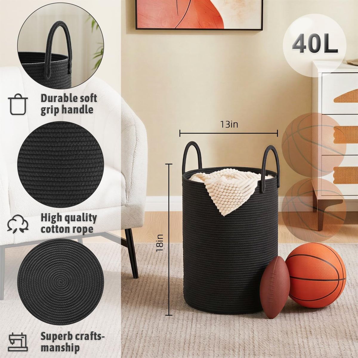 Laundry Basket,Woven Cotton Rope Laundry Hamper,80L for Decorative Storage of Dirty Clothes,Toys and Blankets in Bathroom,Bedroom and Living Room