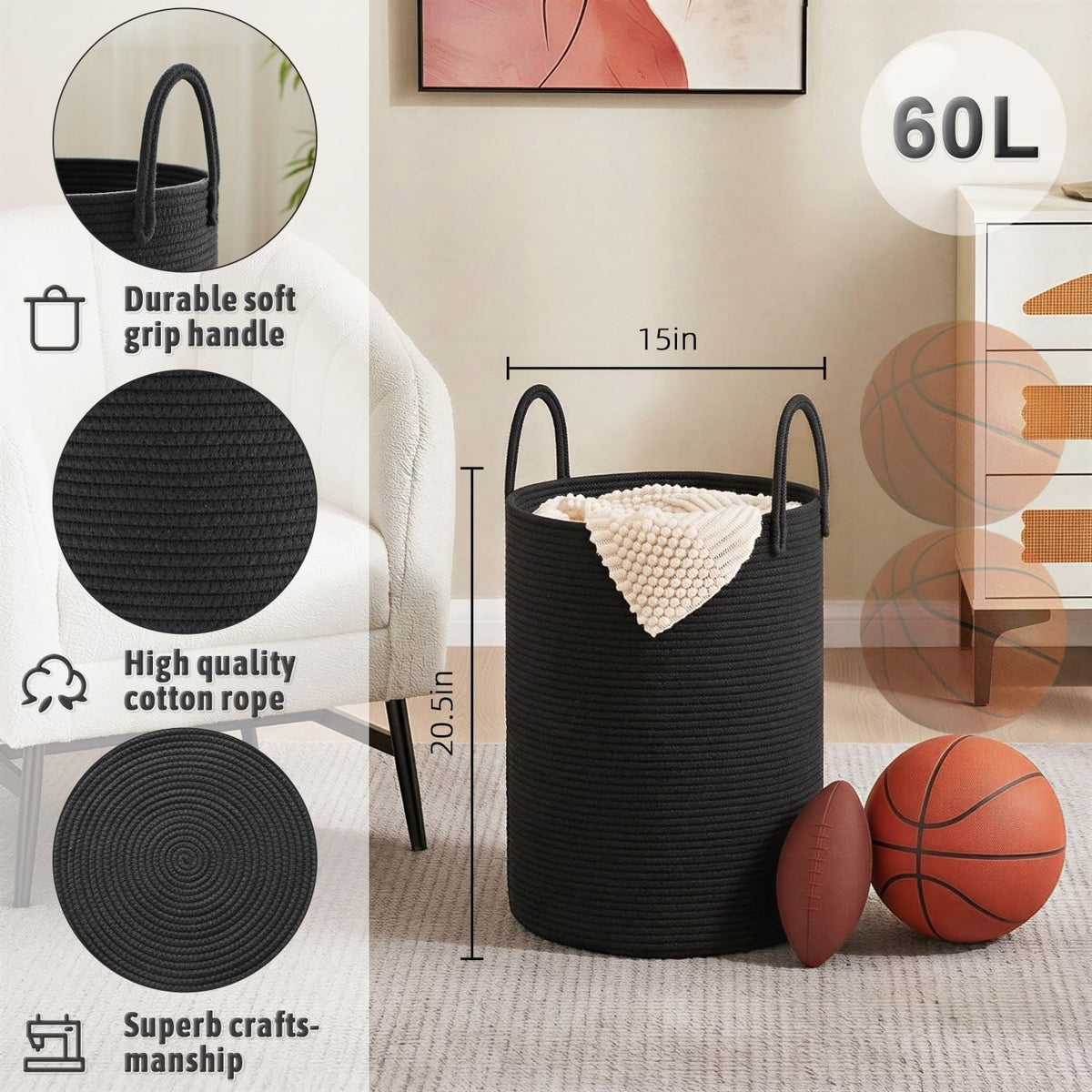 Laundry Basket,Woven Cotton Rope Laundry Hamper,80L for Decorative Storage of Dirty Clothes,Toys and Blankets in Bathroom,Bedroom and Living Room
