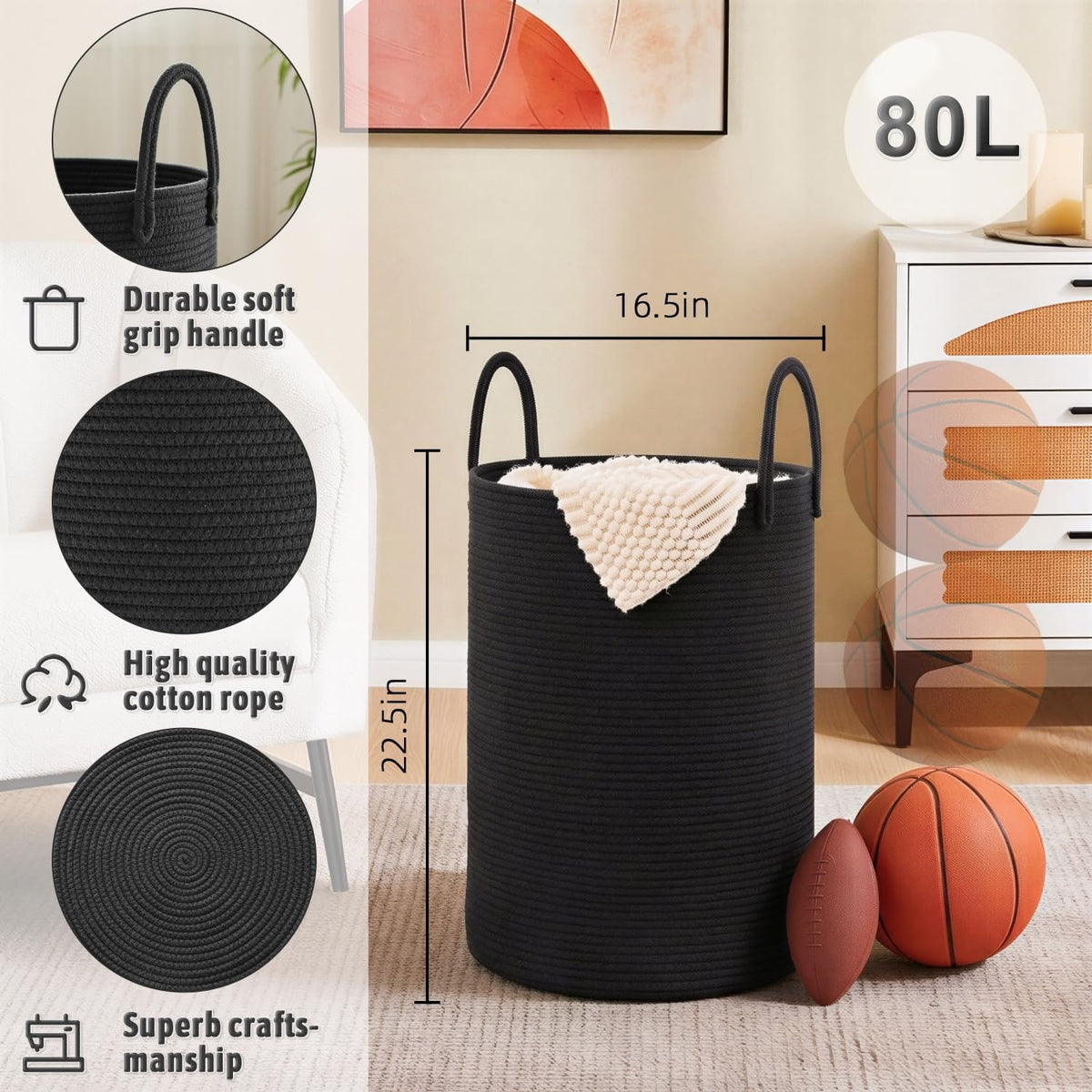 Laundry Basket,Woven Cotton Rope Laundry Hamper,80L for Decorative Storage of Dirty Clothes,Toys and Blankets in Bathroom,Bedroom and Living Room