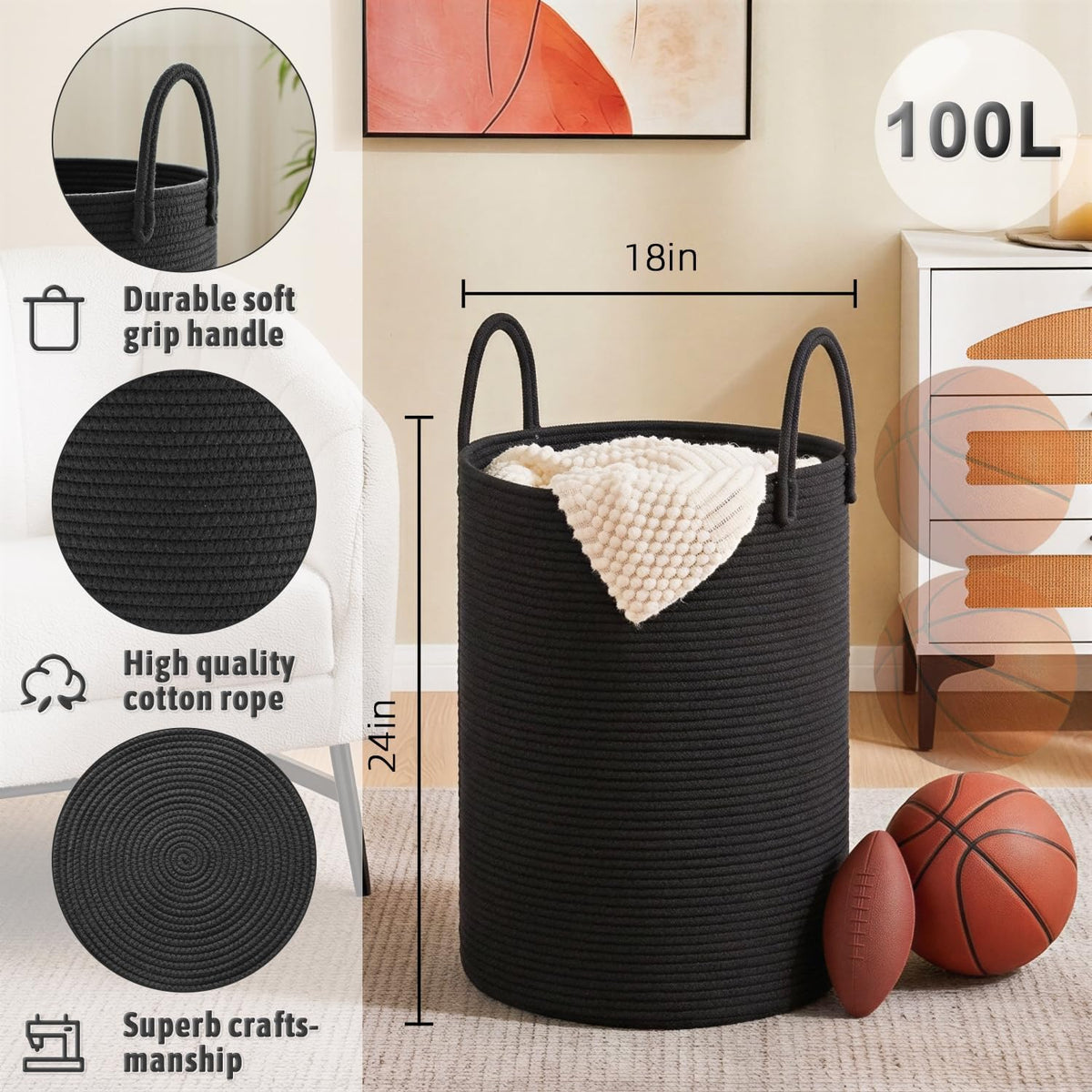 Laundry Basket,Woven Cotton Rope Laundry Hamper,80L for Decorative Storage of Dirty Clothes,Toys and Blankets in Bathroom,Bedroom and Living Room