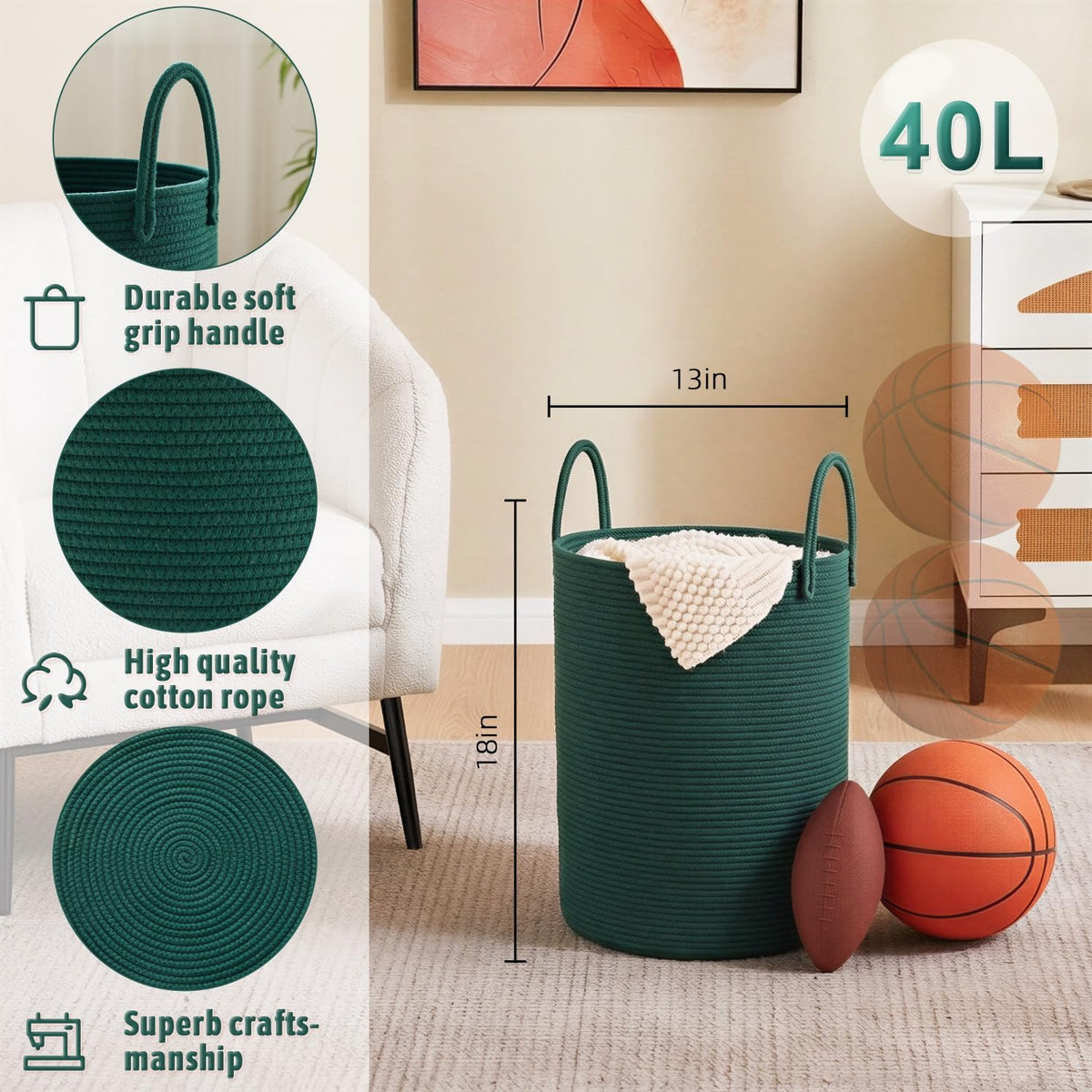 Laundry Basket,Woven Cotton Rope Laundry Hamper,80L for Decorative Storage of Dirty Clothes,Toys and Blankets in Bathroom,Bedroom and Living Room