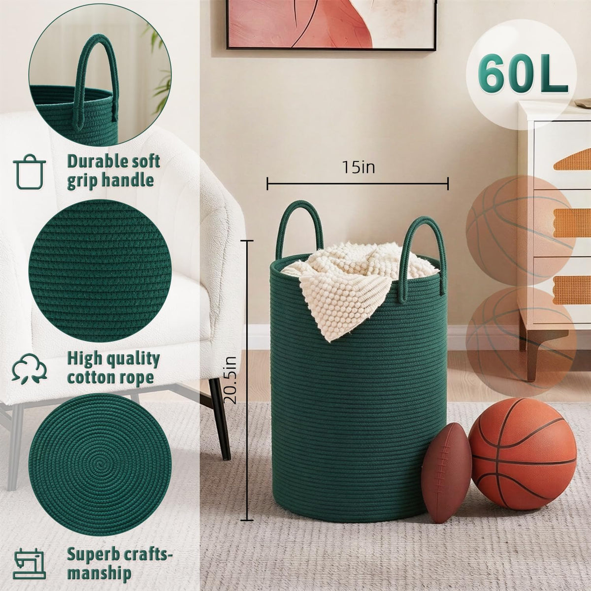 Laundry Basket,Woven Cotton Rope Laundry Hamper,80L for Decorative Storage of Dirty Clothes,Toys and Blankets in Bathroom,Bedroom and Living Room