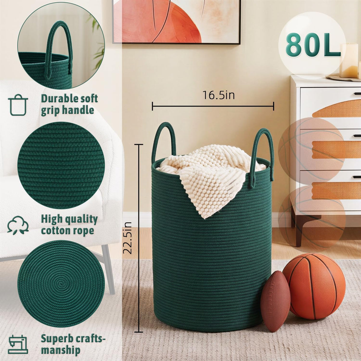 Laundry Basket,Woven Cotton Rope Laundry Hamper,80L for Decorative Storage of Dirty Clothes,Toys and Blankets in Bathroom,Bedroom and Living Room