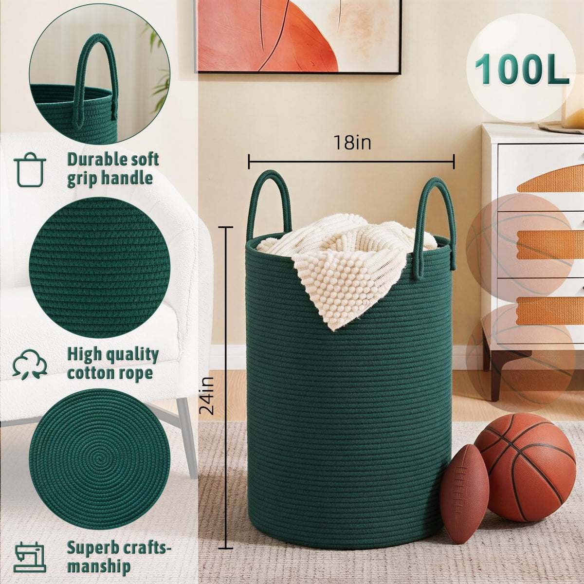 Laundry Basket,Woven Cotton Rope Laundry Hamper,80L for Decorative Storage of Dirty Clothes,Toys and Blankets in Bathroom,Bedroom and Living Room