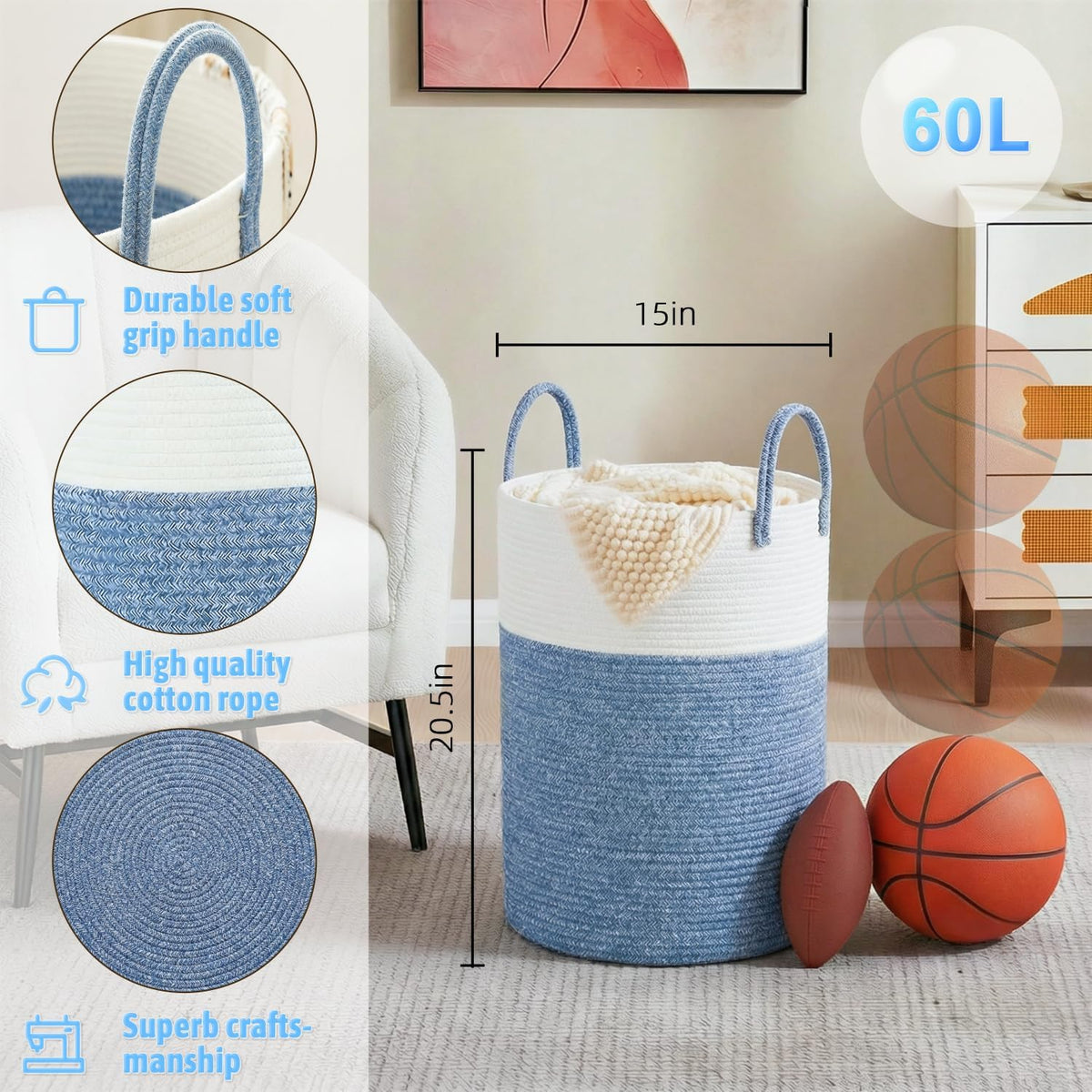 Laundry Basket,Woven Cotton Rope Laundry Hamper,80L for Decorative Storage of Dirty Clothes,Toys and Blankets in Bathroom,Bedroom and Living Room