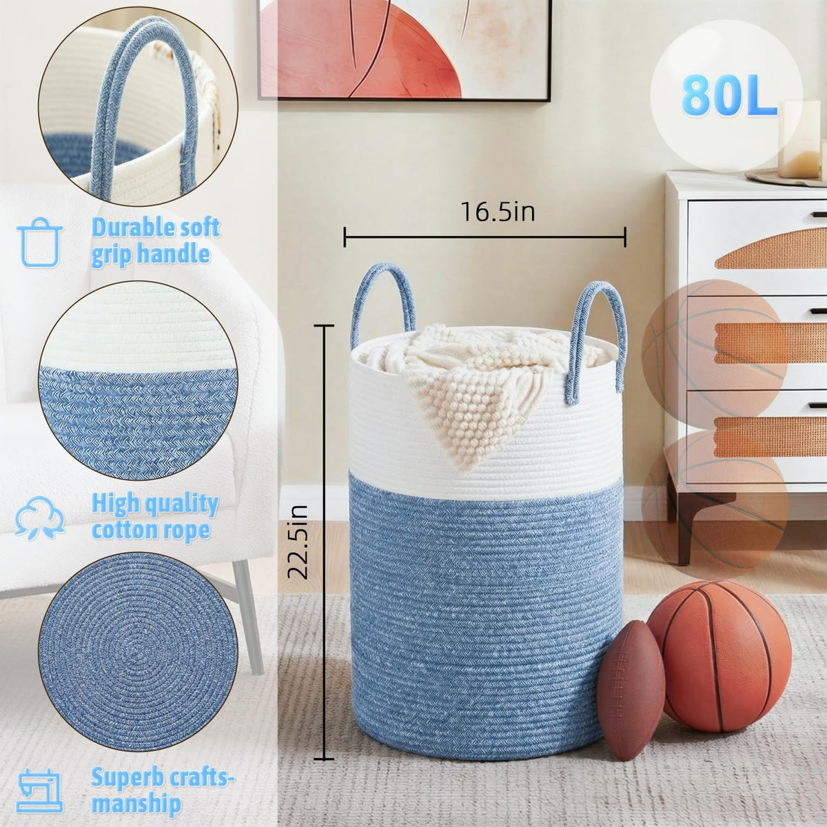 Laundry Basket,Woven Cotton Rope Laundry Hamper,80L for Decorative Storage of Dirty Clothes,Toys and Blankets in Bathroom,Bedroom and Living Room
