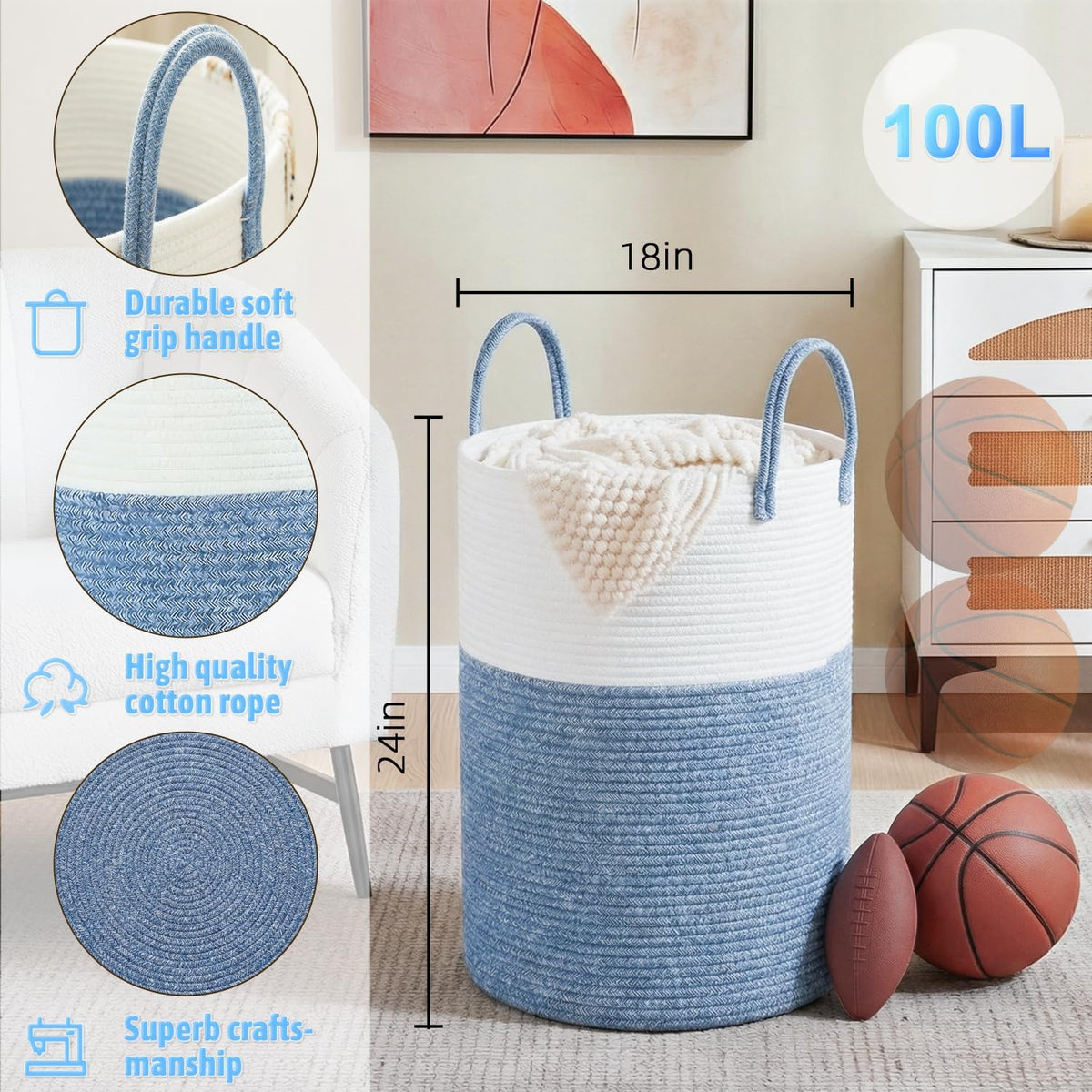 Laundry Basket,Woven Cotton Rope Laundry Hamper,80L for Decorative Storage of Dirty Clothes,Toys and Blankets in Bathroom,Bedroom and Living Room