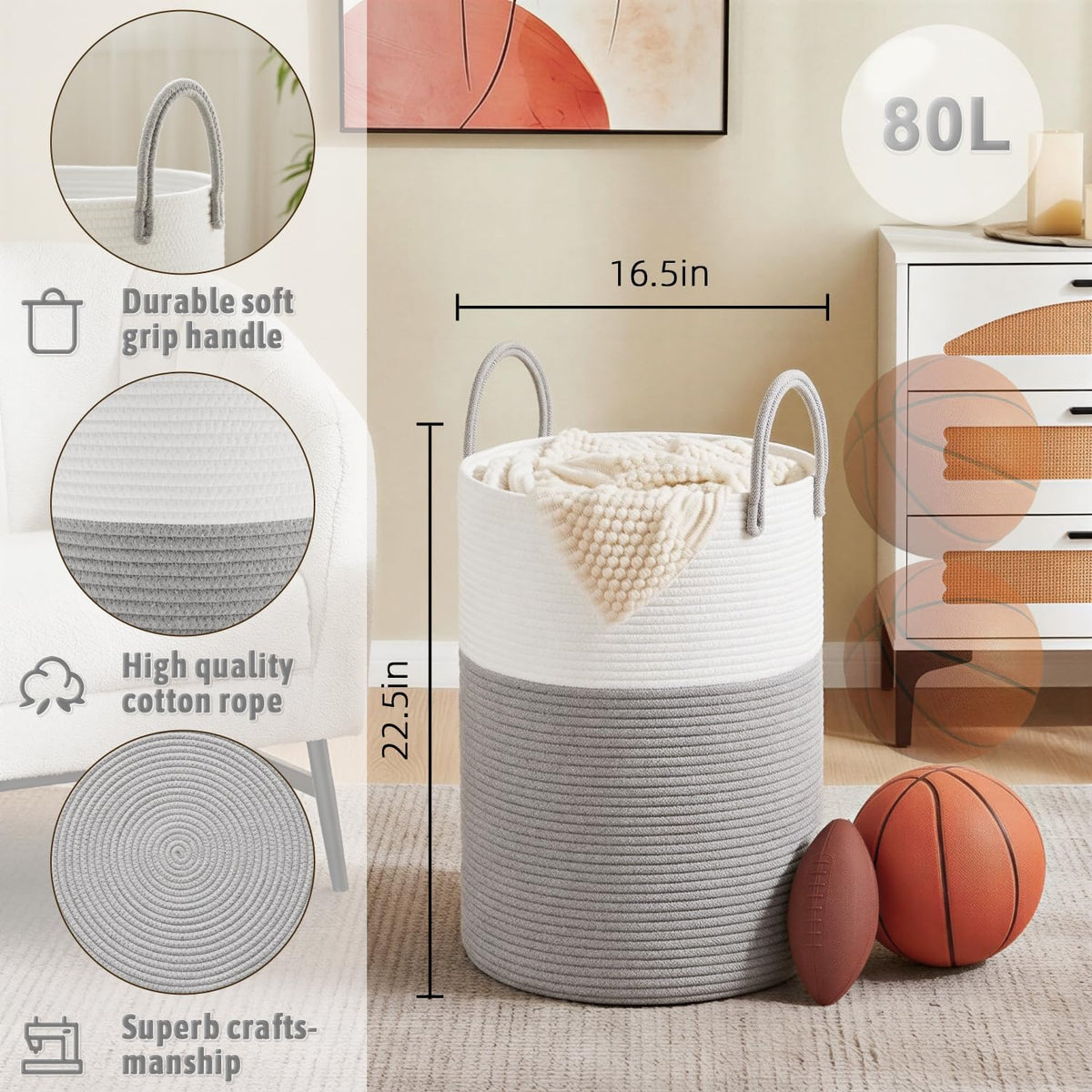 Laundry Basket,Woven Cotton Rope Laundry Hamper,80L for Decorative Storage of Dirty Clothes,Toys and Blankets in Bathroom,Bedroom and Living Room