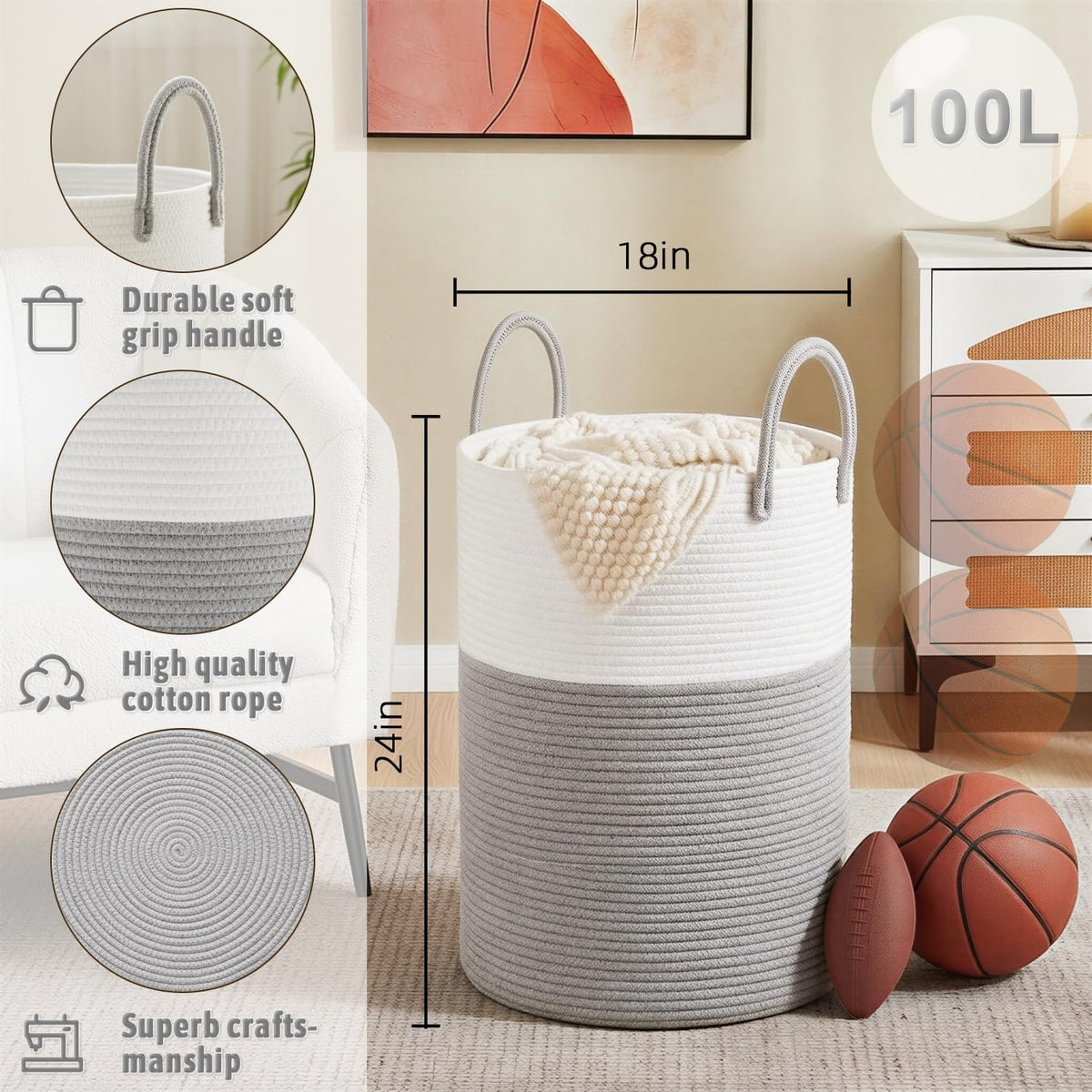 Laundry Basket,Woven Cotton Rope Laundry Hamper,80L for Decorative Storage of Dirty Clothes,Toys and Blankets in Bathroom,Bedroom and Living Room