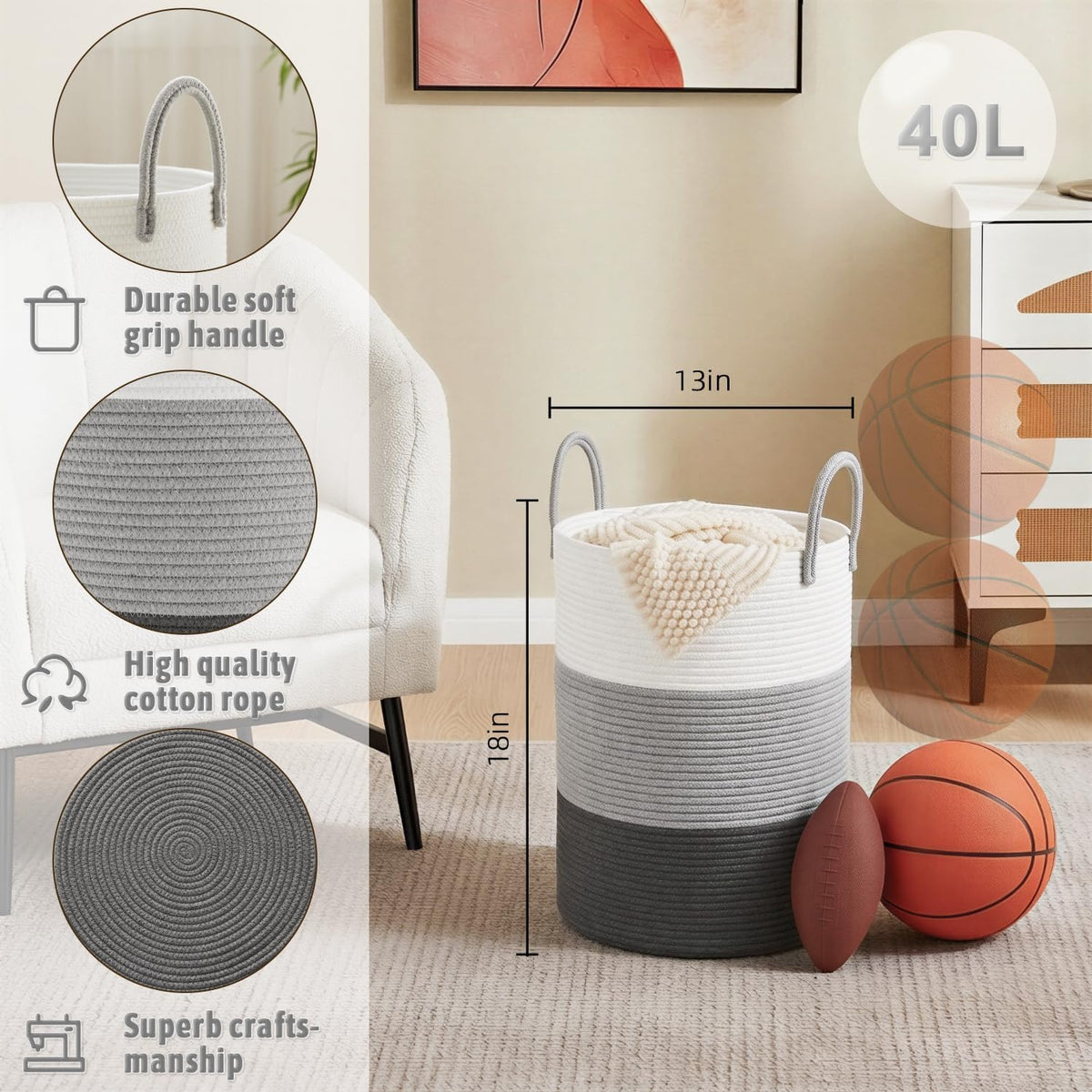 Laundry Basket,Woven Cotton Rope Laundry Hamper,80L for Decorative Storage of Dirty Clothes,Toys and Blankets in Bathroom,Bedroom and Living Room