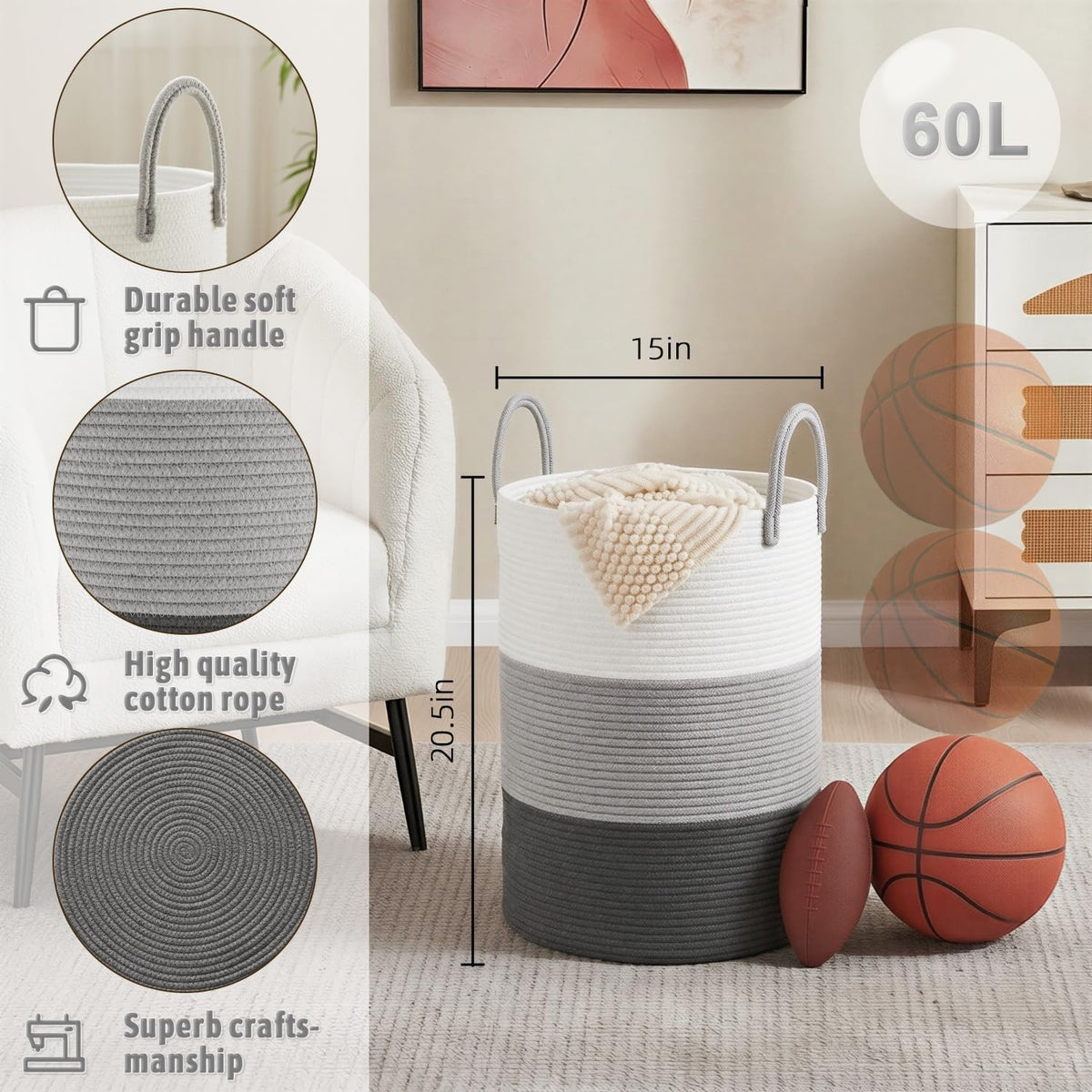 Laundry Basket,Woven Cotton Rope Laundry Hamper,80L for Decorative Storage of Dirty Clothes,Toys and Blankets in Bathroom,Bedroom and Living Room