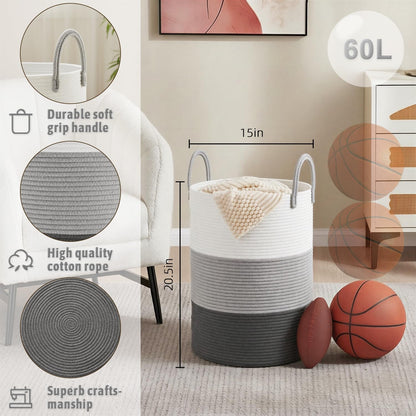 Laundry Basket,Woven Cotton Rope Laundry Hamper,80L for Decorative Storage of Dirty Clothes,Toys and Blankets in Bathroom,Bedroom and Living Room