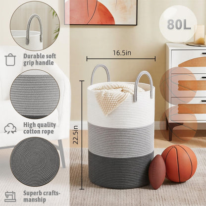 Laundry Basket,Woven Cotton Rope Laundry Hamper,80L for Decorative Storage of Dirty Clothes,Toys and Blankets in Bathroom,Bedroom and Living Room