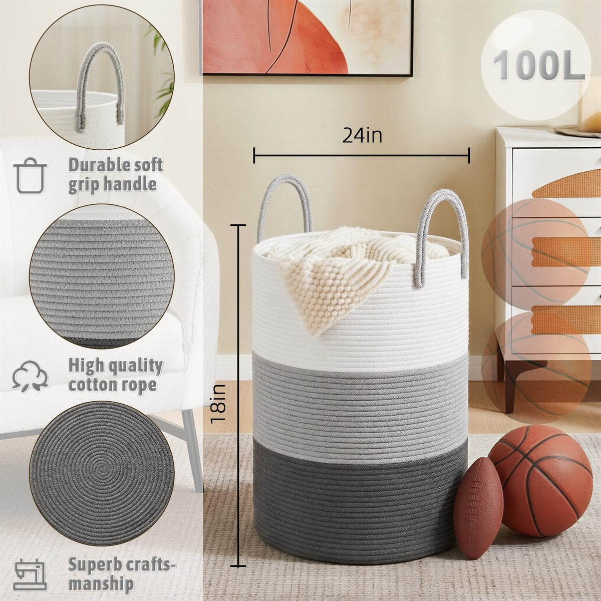 Laundry Basket,Woven Cotton Rope Laundry Hamper,80L for Decorative Storage of Dirty Clothes,Toys and Blankets in Bathroom,Bedroom and Living Room