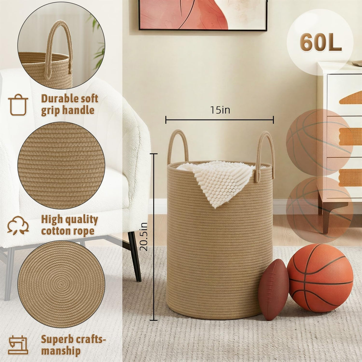 Laundry Basket,Woven Cotton Rope Laundry Hamper,80L for Decorative Storage of Dirty Clothes,Toys and Blankets in Bathroom,Bedroom and Living Room