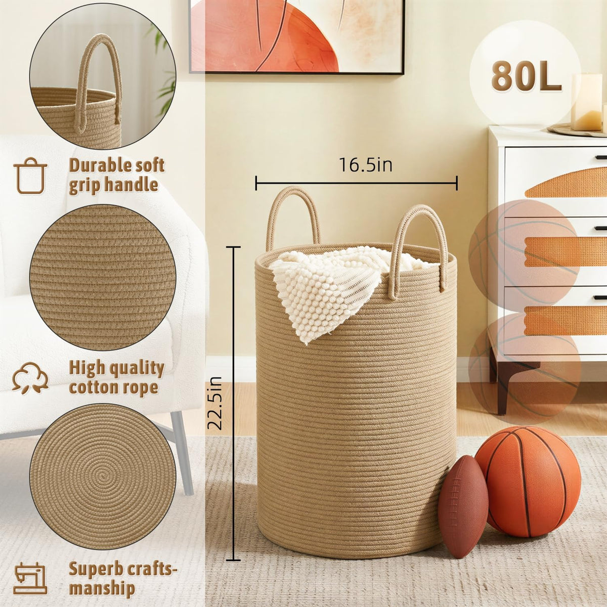 Laundry Basket,Woven Cotton Rope Laundry Hamper,80L for Decorative Storage of Dirty Clothes,Toys and Blankets in Bathroom,Bedroom and Living Room