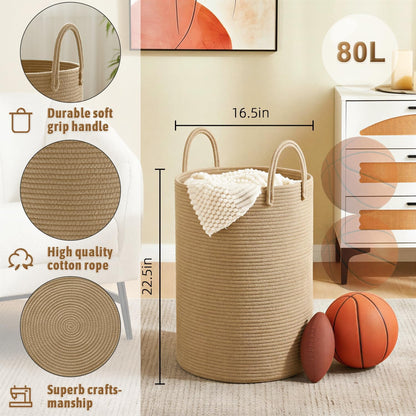 Laundry Basket,Woven Cotton Rope Laundry Hamper,80L for Decorative Storage of Dirty Clothes,Toys and Blankets in Bathroom,Bedroom and Living Room