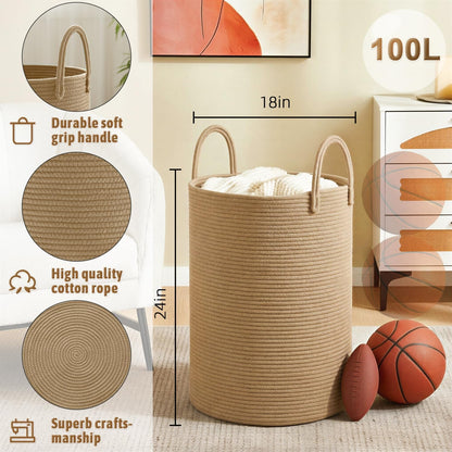 Laundry Basket,Woven Cotton Rope Laundry Hamper,80L for Decorative Storage of Dirty Clothes,Toys and Blankets in Bathroom,Bedroom and Living Room