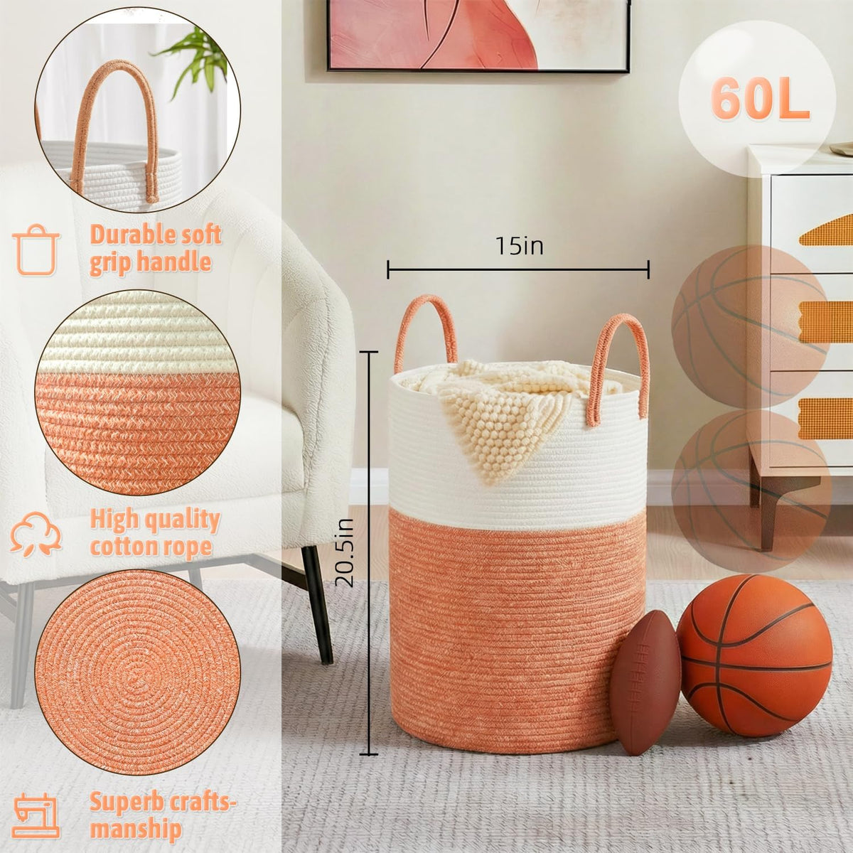 Laundry Basket,Woven Cotton Rope Laundry Hamper,80L for Decorative Storage of Dirty Clothes,Toys and Blankets in Bathroom,Bedroom and Living Room