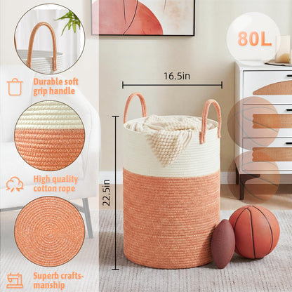 Laundry Basket,Woven Cotton Rope Laundry Hamper,80L for Decorative Storage of Dirty Clothes,Toys and Blankets in Bathroom,Bedroom and Living Room