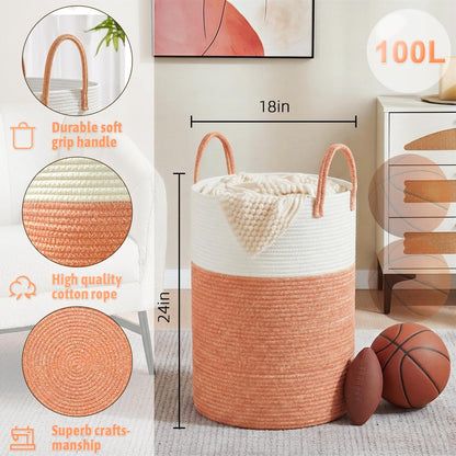 Laundry Basket,Woven Cotton Rope Laundry Hamper,80L for Decorative Storage of Dirty Clothes,Toys and Blankets in Bathroom,Bedroom and Living Room