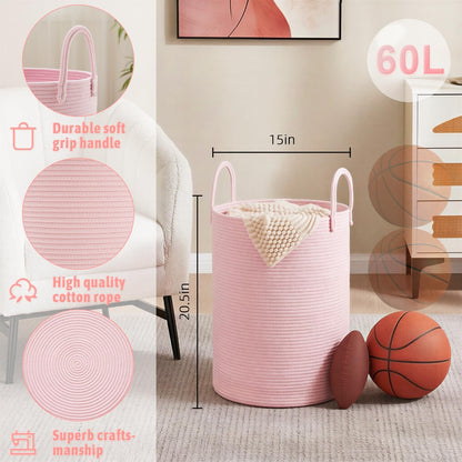 Laundry Basket,Woven Cotton Rope Laundry Hamper,80L for Decorative Storage of Dirty Clothes,Toys and Blankets in Bathroom,Bedroom and Living Room