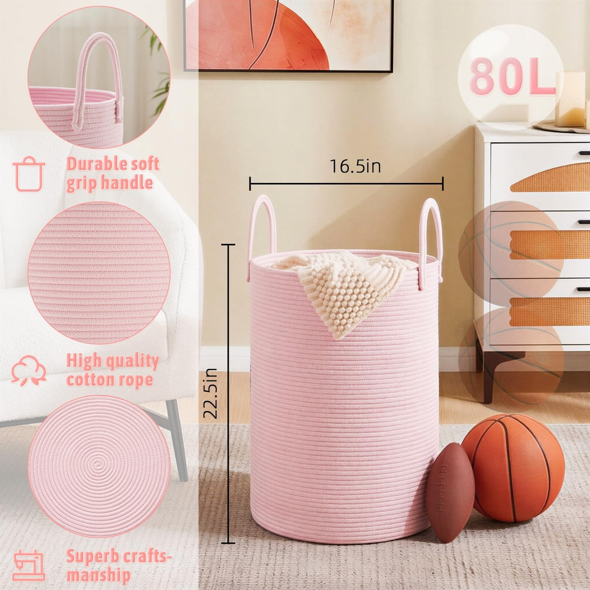 Laundry Basket,Woven Cotton Rope Laundry Hamper,80L for Decorative Storage of Dirty Clothes,Toys and Blankets in Bathroom,Bedroom and Living Room