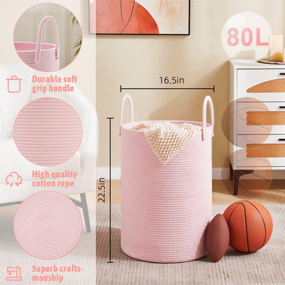 Laundry Basket,Woven Cotton Rope Laundry Hamper,80L for Decorative Storage of Dirty Clothes,Toys and Blankets in Bathroom,Bedroom and Living Room