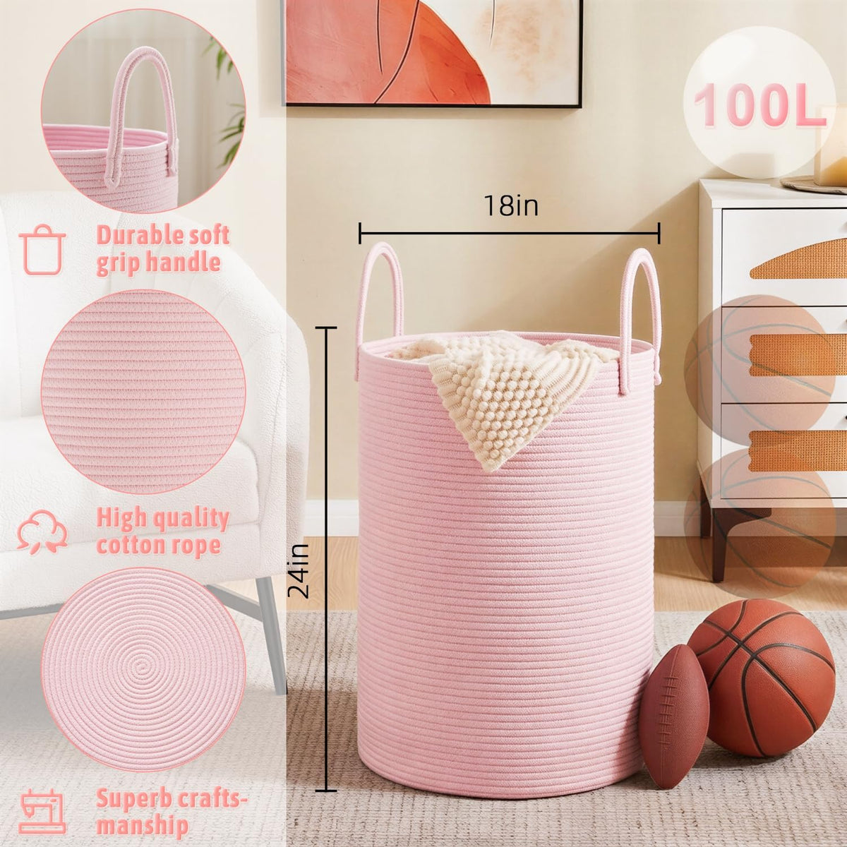 Laundry Basket,Woven Cotton Rope Laundry Hamper,80L for Decorative Storage of Dirty Clothes,Toys and Blankets in Bathroom,Bedroom and Living Room