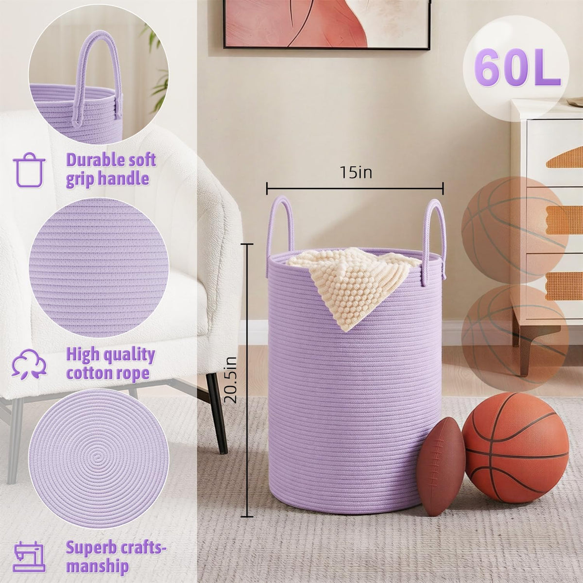 Laundry Basket,Woven Cotton Rope Laundry Hamper,80L for Decorative Storage of Dirty Clothes,Toys and Blankets in Bathroom,Bedroom and Living Room