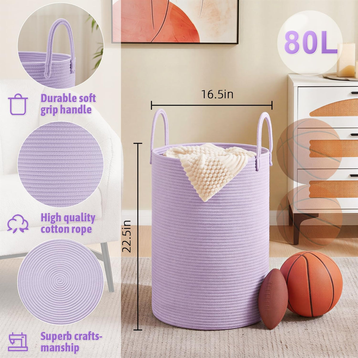 Laundry Basket,Woven Cotton Rope Laundry Hamper,80L for Decorative Storage of Dirty Clothes,Toys and Blankets in Bathroom,Bedroom and Living Room