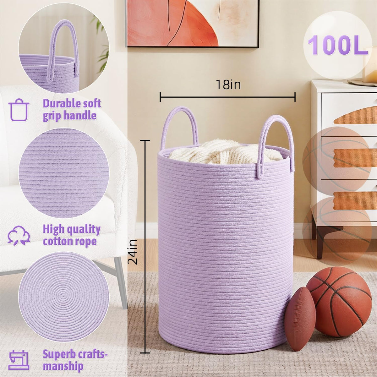 Laundry Basket,Woven Cotton Rope Laundry Hamper,80L for Decorative Storage of Dirty Clothes,Toys and Blankets in Bathroom,Bedroom and Living Room