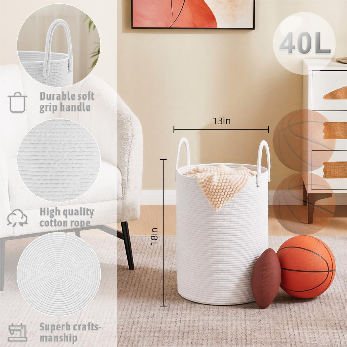 Laundry Basket,Woven Cotton Rope Laundry Hamper,80L for Decorative Storage of Dirty Clothes,Toys and Blankets in Bathroom,Bedroom and Living Room