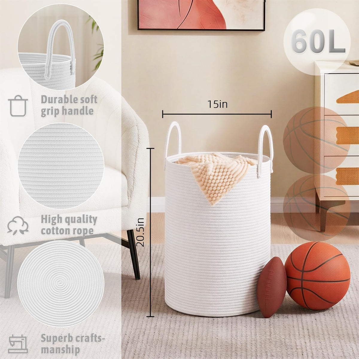 Laundry Basket,Woven Cotton Rope Laundry Hamper,80L for Decorative Storage of Dirty Clothes,Toys and Blankets in Bathroom,Bedroom and Living Room