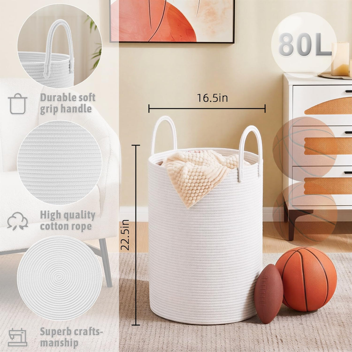 Laundry Basket,Woven Cotton Rope Laundry Hamper,80L for Decorative Storage of Dirty Clothes,Toys and Blankets in Bathroom,Bedroom and Living Room