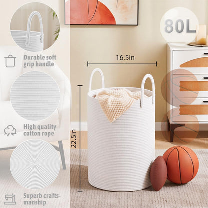 Laundry Basket,Woven Cotton Rope Laundry Hamper,80L for Decorative Storage of Dirty Clothes,Toys and Blankets in Bathroom,Bedroom and Living Room