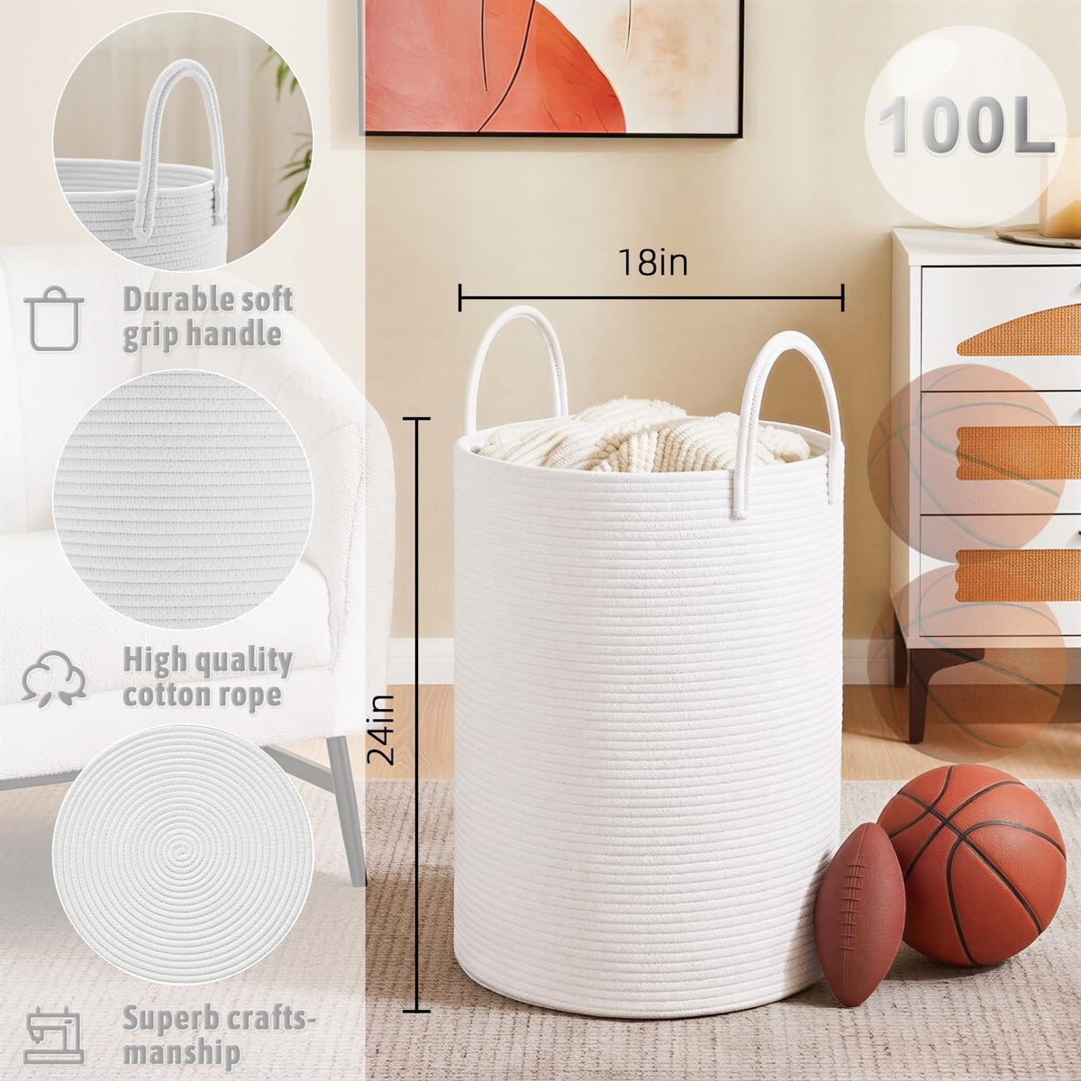 Laundry Basket,Woven Cotton Rope Laundry Hamper,80L for Decorative Storage of Dirty Clothes,Toys and Blankets in Bathroom,Bedroom and Living Room