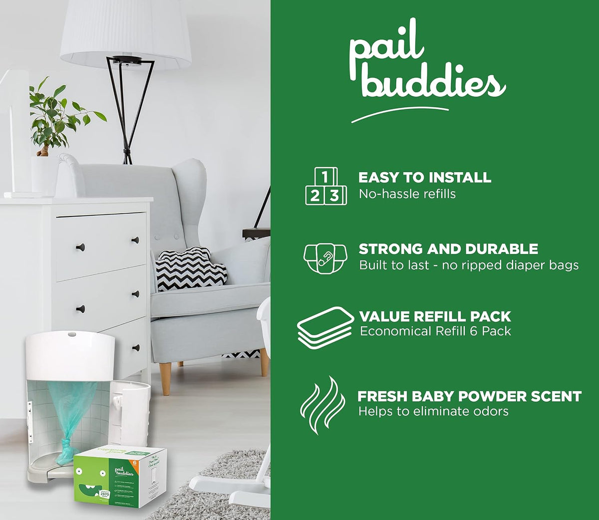 Diaper Pail Refill Bags for Dekor Classic, 6 Pack, Holds 2970 Diapers