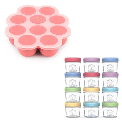 Silicone Baby Food Freezer Tray with Clip-on Lid and 12-Pack Baby Food Glass Containers - Breast Milk Trays for Freezer - 4 oz Leak-Proof, Microwavable, Baby Food Storage Container