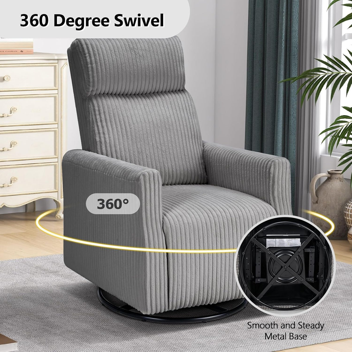 Swivel Rocker Chair for Nursery, Swivel Accent Chair with High Back and Arms, Corduroy Glider Chair for Living Room Bedroom Nursery, Grey